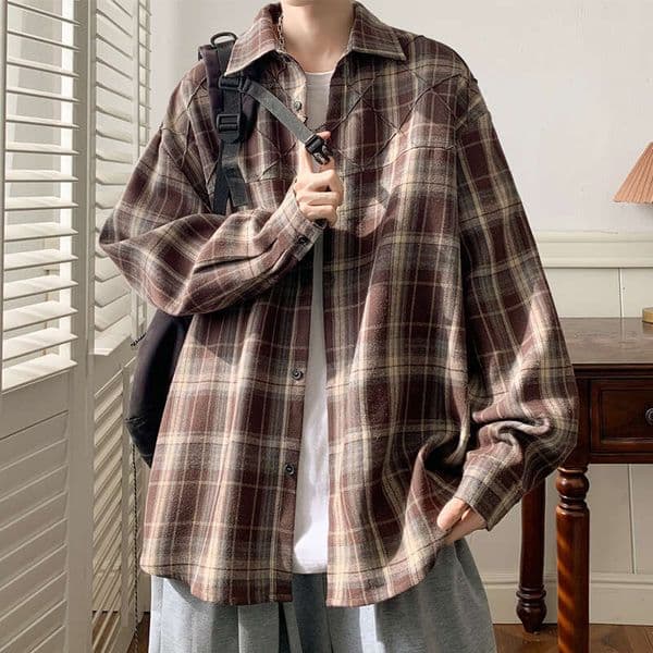 Plid Men New Four Sesons Loose Retro Brushed Long Sleeve Shirt Style Csul Plus Size Jcket Csul Shirt Checked Shirt Men Shirt