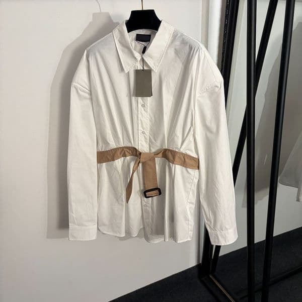 Lapel Neck Shirts For Women White Oversized Casual Blouse Autumn Spring Preppy Style Classic OL Business Tees With Belt