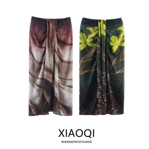 Spring 2026 Floral Print Wrap Scarf Half Skirt mid Waist Knot Decoration Straight Tube Skirt Womens Fashion Accessories 260422