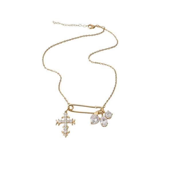 Sweet and Cool Girl's Pin Necklace with Full Diamond Heart Cross Pendant, Women's Niche Light Luxury High-End Neck Sweater Chain Accessory