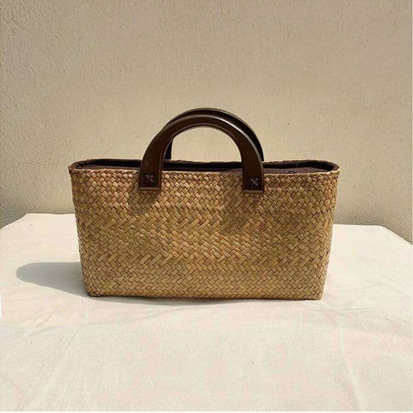 Exquisite Braided Straw Summer Beach Totes Wooden Handle Rattan Travel Bag Woven Clutch Purse And Handbags Bolsas 26Y0422