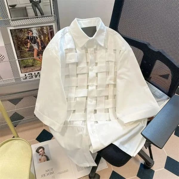 EBAIHUI Women Short Sleeve Lapel Shirt Solid Hollow Out Loose Waist Fashion Patchwork Blouse Female Chic Casual Poly Blause 260420BANJIA