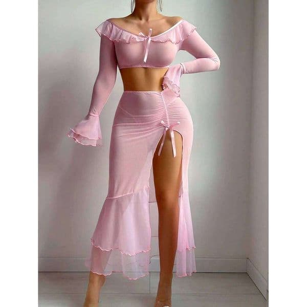 Women's Sexy Mesh Lingerie Sets Belly Dance Costume Strap Bra Fashion Crop Top Ruched Front Slit Ruffle Skirt