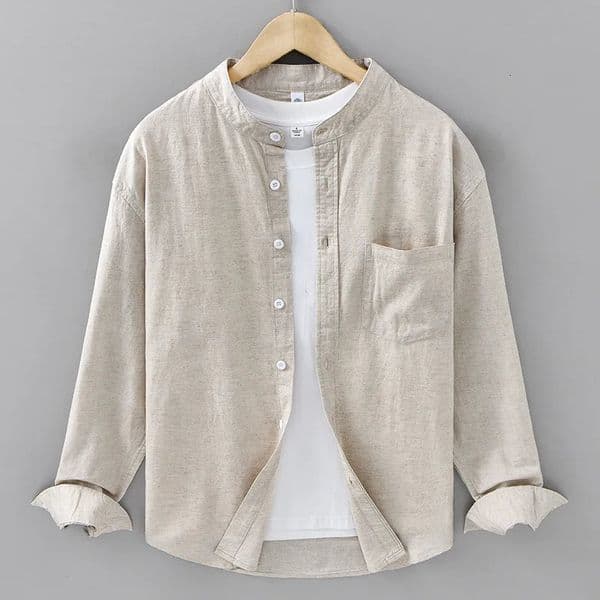 Cotton Linen Shirt Japanese Style Mandarin Collar Long Sleeve Casual Loose Fit Button-Up Shirt Mens Retro Camping Fishing 260421