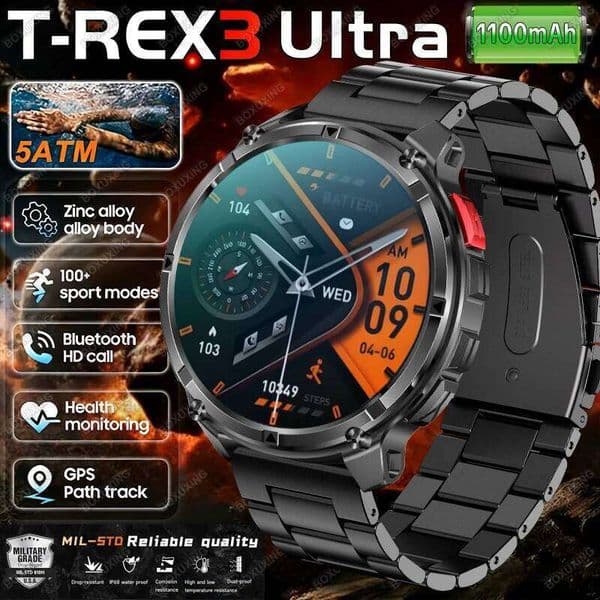 2026 New T-Rex 3 Ultra 1100mAh Smart Watch 5ATM Waterproof Outdoor Sports GPS Track Heart Rate Compass BT Call Smartwatch 26Y0422