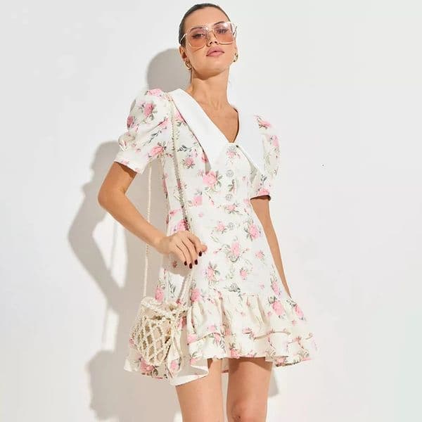 Tornova Print Puff Sleeves Ruffled Dress VNeck High Waist Pearl Buttons Mini Female Casual Vacation Fashion 260421