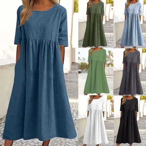 Summer Cotton and Linen Casual Short Sleeve Pocket Fold Loose Round Neck Womens Dress 300 260410