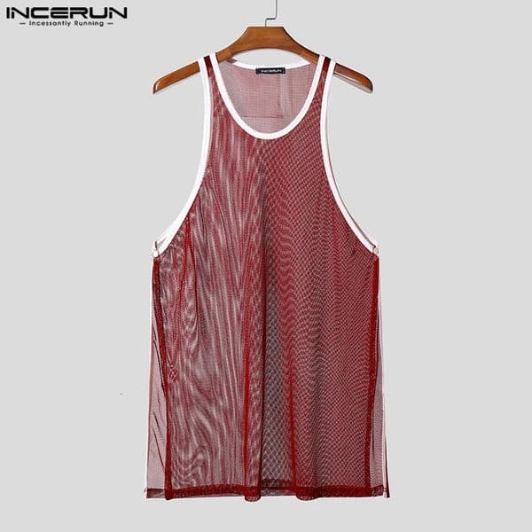INCERUN Men Tank Tops Mesh Patchwork O-neck Sleeveless Male Vests See Through Sexy Hollow Out Men Clothing Streetwear Summer 260421