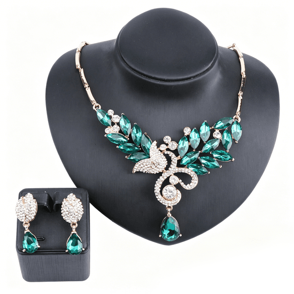 Luxury Green Crystal Bridal Jewelry Set Gold Plated Swan Teardrop Statement Necklace Earrings for Wedding Party