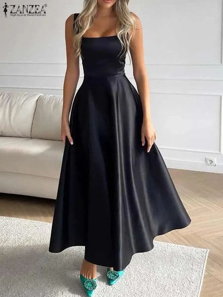 ZANZEA Sexy Square Neck Maxi Dres Fashion Satin Silk Waisted Party Elegant Solid Color Umbrella Vestido Summer Robe 260421