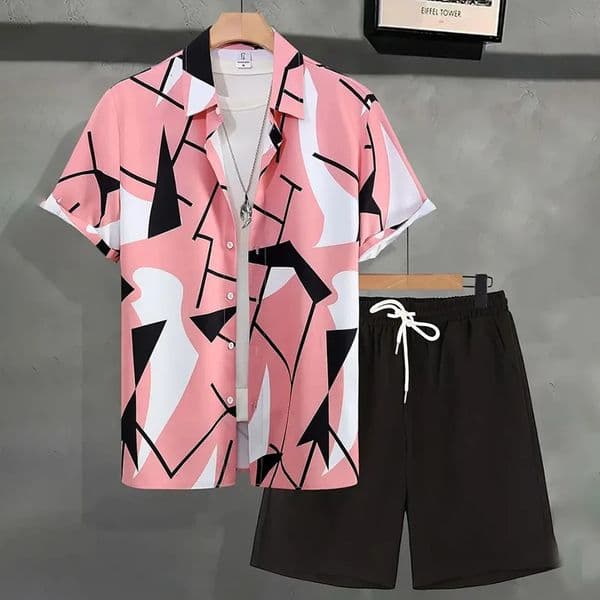 Mens Hawaiian Beach Vacation Shirt Short Sleeve Shorts Set Textured Printed 2Piece Casual Ventilated 260421