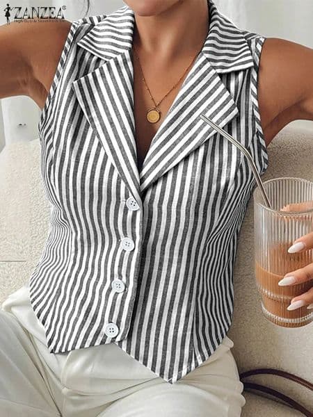 Fashion Summer Sleeveless Stripe Tanks Tops ZANZEA Office Lady Blouses Women Shirt Stylish Holiday Tees Irregular Hem Camis 260421