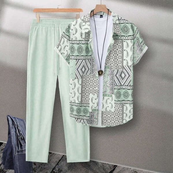 Men Ethnic Paisley Geometric Print Short Sleeve Shirt And Solid Color Long Pants Set Casual Summer Two Piece Outfit For Daily And Vacation Wear