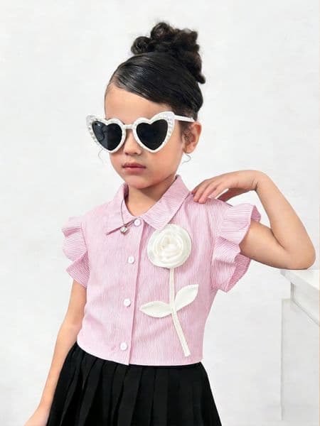 Girls sweet striped rose shirt with a single breasted collar and small fly sleeves vibrant and fresh for daily parties 260421