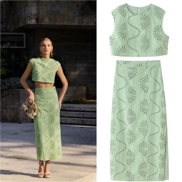 ETJ womens elegant and gentle hollow embroidery round neck jacket high waist slit skirt fashion casual suit 260421