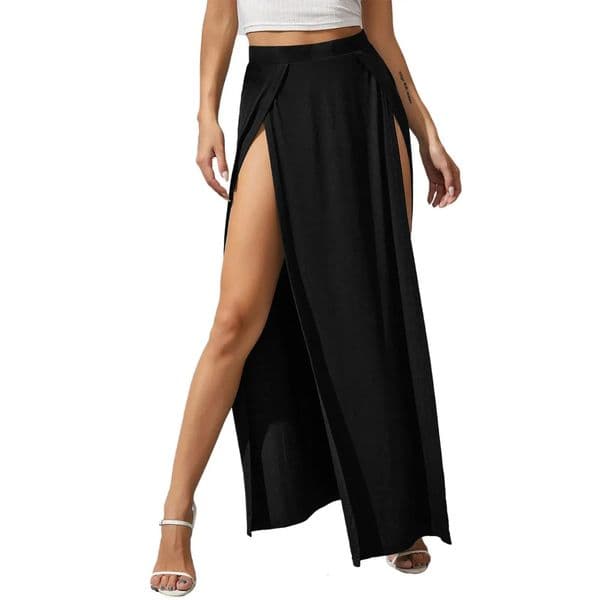 Combhasaki Womens Summer Boho Beachwear Elastic High Waist Solid Color Side Split Loose Fit Sweat Absorption Long Skirts 260421
