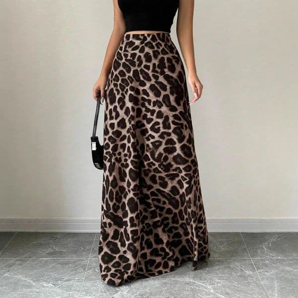 Womens Satin Leopard Print Maxi Skirt Summer High Waist A-Line Sexy Slim Fit Party Skirts 260422