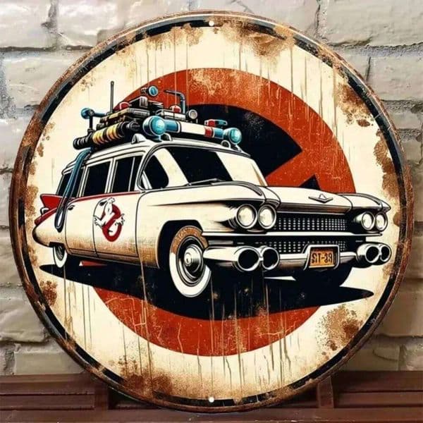 Vintage Ghostbusters Ecto-1 Metal Sign Retro Round Tin Poster Wall Art Decor 26L0422