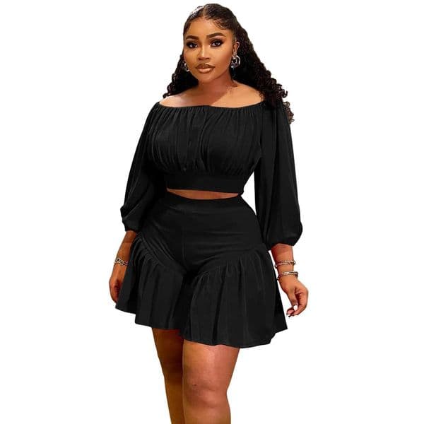 High Waist Ruffle Shorts Set Women's Plus Size 2 Piece Outfits Off Shoulder Ruched Top Summer Clubwear