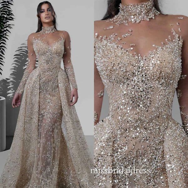 Elegant Mermaid Wedding Dresses Beading Pearls Bridal Gowns With Overskirts Long Sleeve Sequins Custom Made Bride Dress Vestidos De Novia Mb422