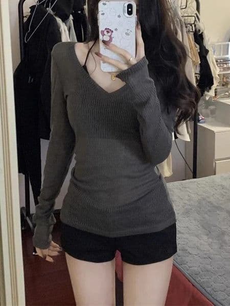 See Through V Neck Grunge Women T-shirt Casual Vintage Slim Knitted Tshirts Long Sleeve Y2k Aesthetic Fashion Tshirts Japanese 260422