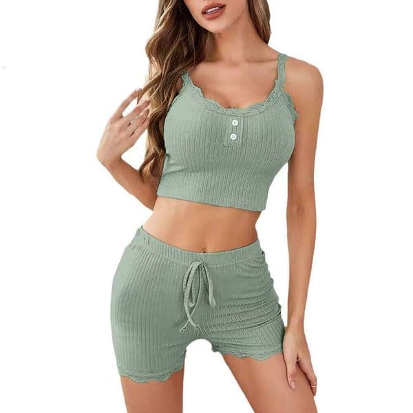 Women's Casual Pajamas Lace Trim Camisole Shorts With Elastic Waist Solid Pattern Loungewear For Summer