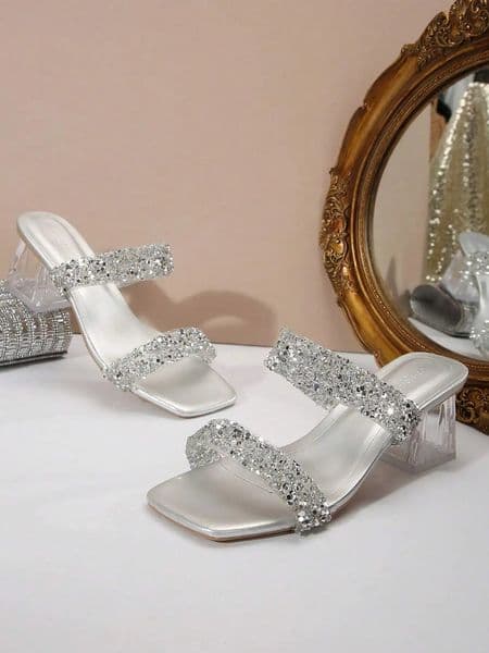 Women Silver Double Strap Square Toe Clear Block Heel Sandals For Party 260421