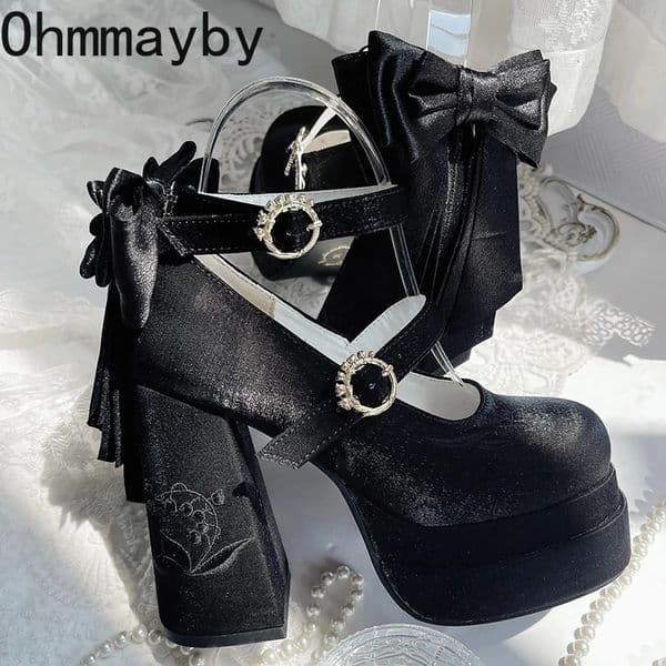 Summer Platform High Heel Women Lolita Mary Jane Shoes Fashion Butterfly-knot Stripper Party Dress Pumps Shoes 260422