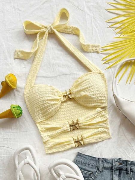 Pure Desire style hollowed-out five-pointed star inlaid design slimming versatile halter top for summer L260421