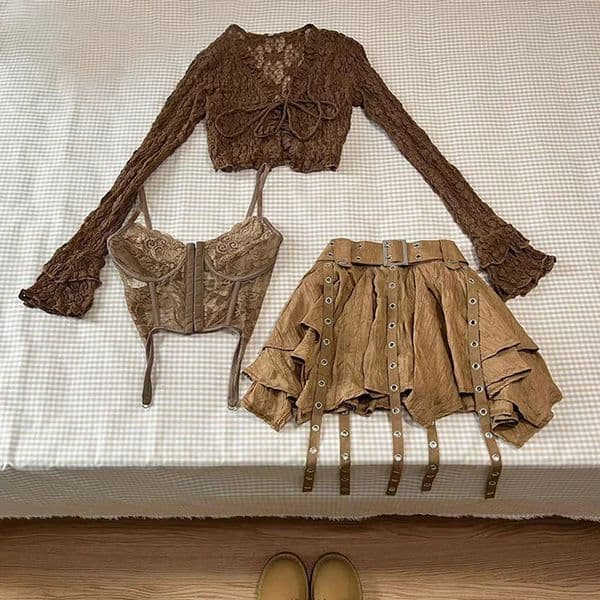 Fashion Harajuku Vintage 3 Piece Set Woman Short Cardigan Slim Vest Y2k E-Girl High Waist Skirt Girls Korean Style Suit 260421