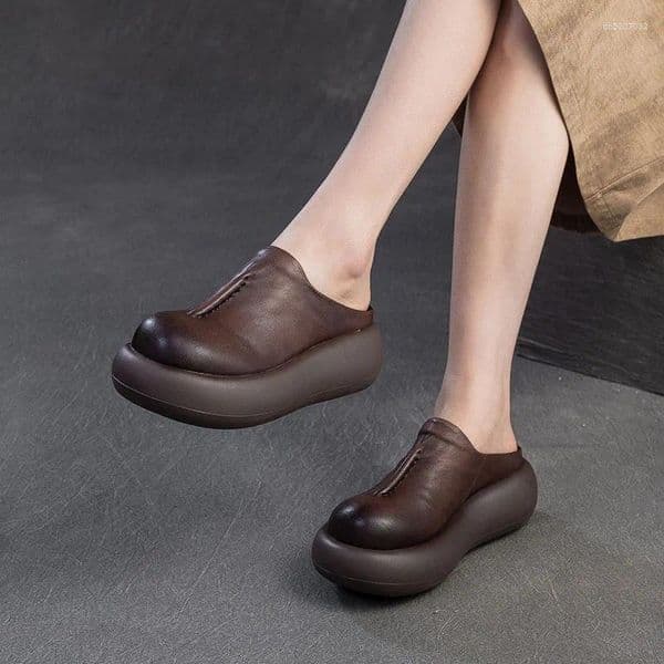 Slippers GKTINOO 2026 Summer Thick Soled Genuine Leather Round Toe Versatile Women's Flat Platform Shoes