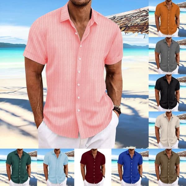 Simple And Versatile Summer Mens Cotton Linen Striped Jacquard Shirt Casual Comfortable Loose ShortSleeved 260422