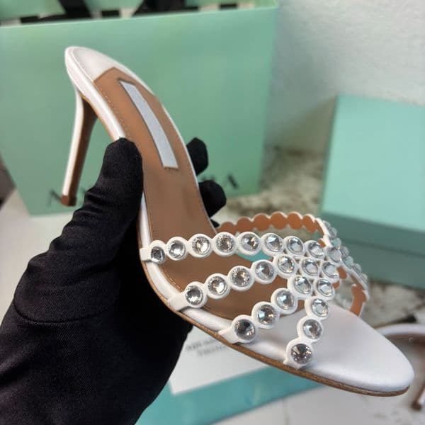 Summer Luxury Women Aquazzs Tequila Mule 75 Crystal embellished Leather Strappy Sandals Shoes Peep-toe High Heels Lady Party Wedding Dress EU35-43