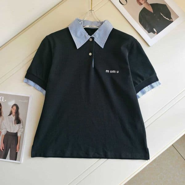 Designer Women's T-Shirt MM Woman Clothing New Spring College Letter Patchwork Polo Collar Faux Two-Piece Short Sleeve Top Versatile Tees