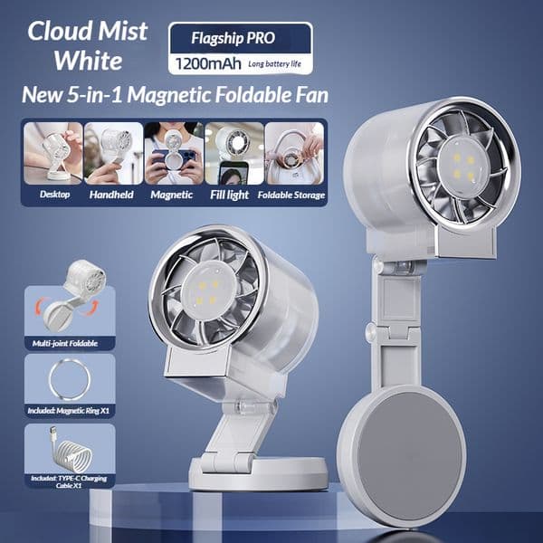 5-in-1 Magnetic Foldable - Portable Desk Light Multi-Function with 1200mAh Long Battery Life and Compact Turbo Fan