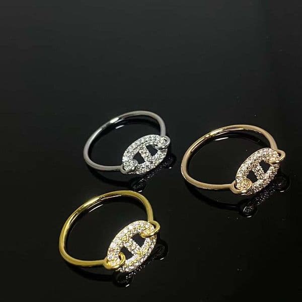 H Brand's New Pig Nose Light Luxury High-End V-Plated Gold Ring, The Same Style As Popular On Social Media, With Full Diamond Inlay, A Niche Ring For Girls