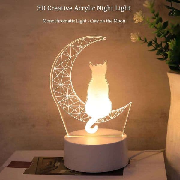 3D Moon Cat Acrylic Visual LED Monochrome Atmosphere Lighting Night Light Suitable for Bedroom and Study