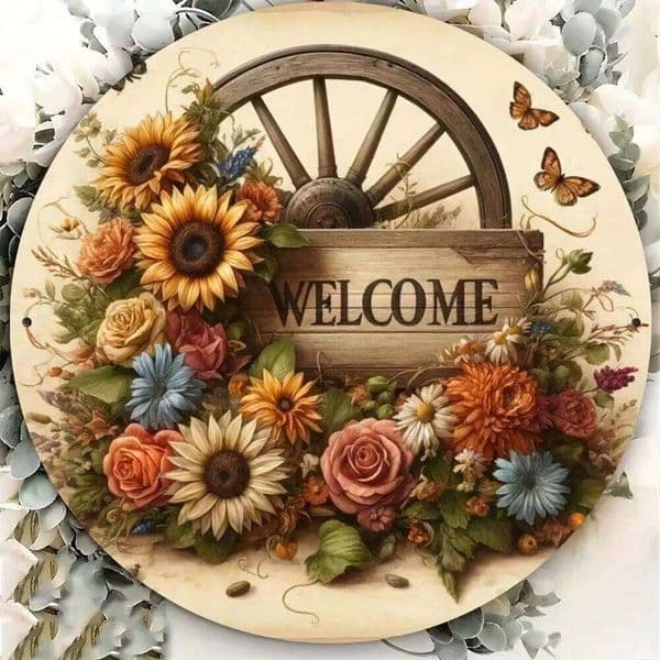 Jinnaoda Farmhouse Welcome Sign Vintage Metal Tin Wall Decor, Floral Rustic Outdoor Porch Art, Weather-Resistant Front Door 26L0422