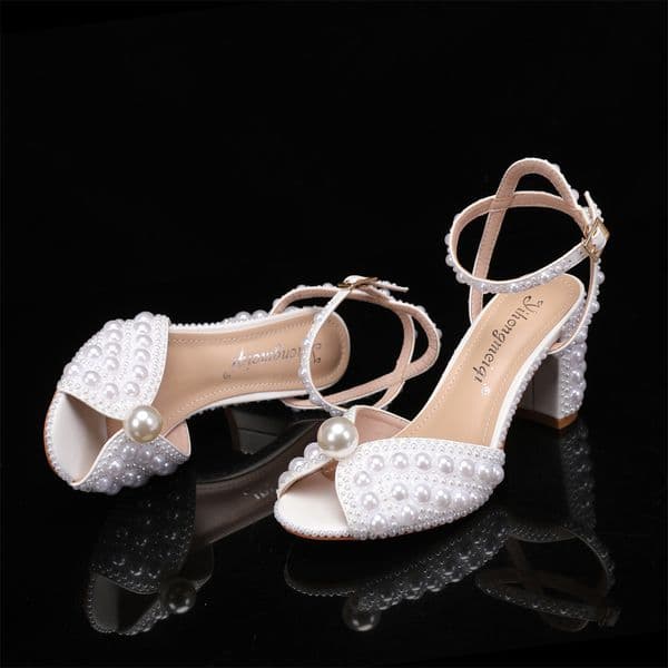 New, Fish Mouth High Heels Thick Heel Shallow Mouth Rhinestones, Pearl Women's Single Shoes Wedding Dress Bridal Wedding Shoes