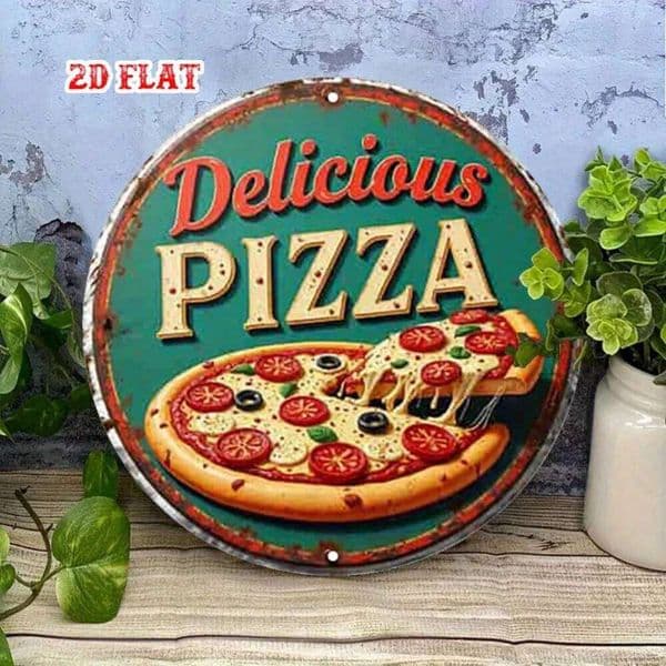 Vintage Metal Wall Decor Retro 2D Flat Diner Sign for Kitchen Pizzeria - Heavy-Duty Aluminum Easy Hang Pizza Lover Gift 26L0422