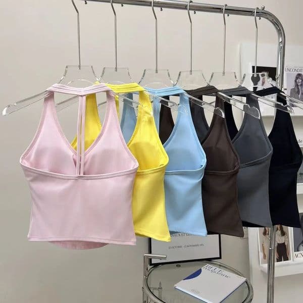 Womens Sexy VNeck Fitness Bra Nude Sports Hanging Neck Yoga Suit Vest Comfortable Breathable Gym Top for Active Wear 260422