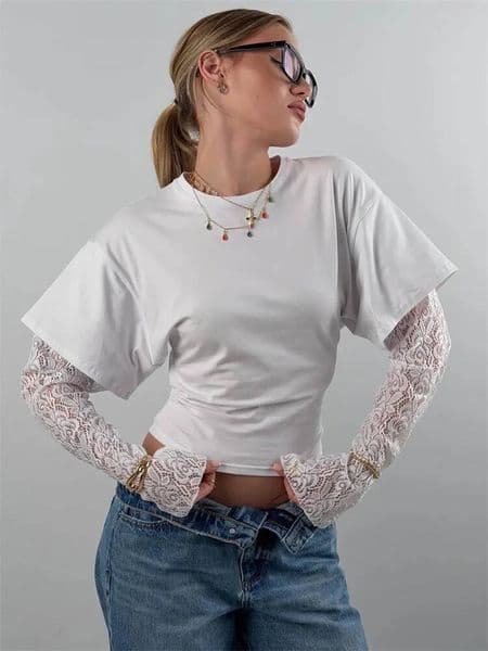 Tossy White Lace Long Sleeve T-Shirts Women's Printed See-Through Commute High Waist Cropped Top Female Summer Tops Tee 2026 dongdumaoyi