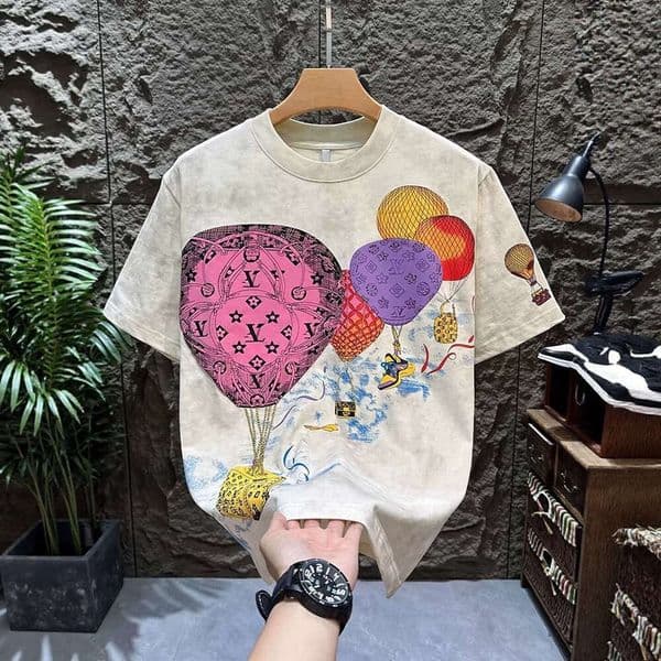 Men's Summer Crew Neck T Shirt Washed Tie Dye With Colorful Hot Air Balloon Monogram Print Short Sleeve Casual Streetwear Top For Daily Wear And Outings