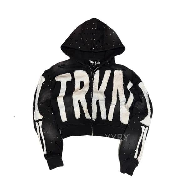 Y2K Gothic Dark Style Skeleton Bone Patch Rhinestone Zip Up Hoodie Distressed Washed Cropped Hooded Jacket for Men 260422