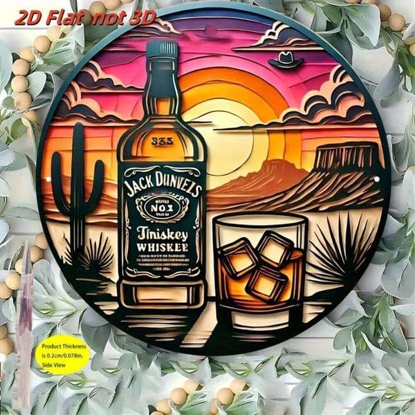 2D Flat, 1pc Vintage Western Whiskey-Themed Circular Wall Art Plaque - 8.8x8.8 Inch Aluminum Metal Sign for Bar, Cafe, Office 26L0422