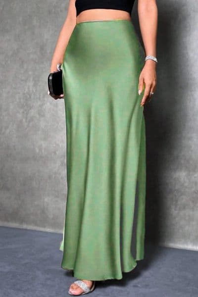 Elegant silklike satin Aline midi skirt with high waist and mermaid tail for women in spring summer 260421