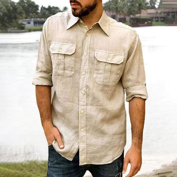 Cotton Linen Mens Shirt Long Sleeve Solid Color Casual Tops Lapel Double Pocket Classic Shirt Trendy Male Clothing 260421