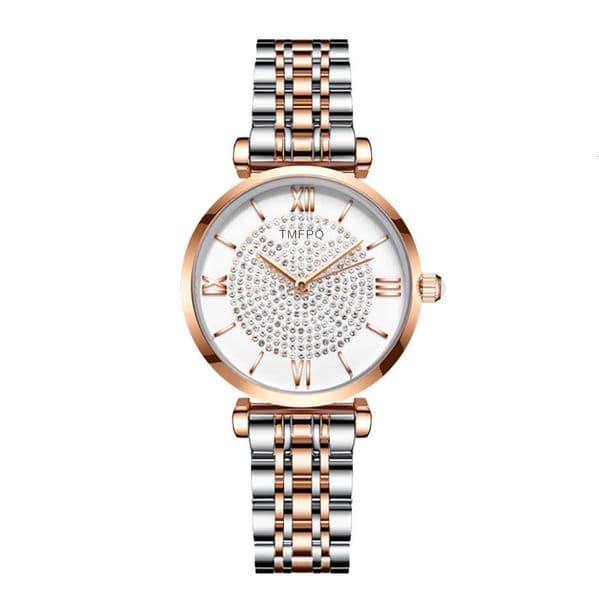 Women's Diamond Paved Quartz Watch, Rose Gold & Two-Tone Steel Band, Style Waterproof Wristwatch