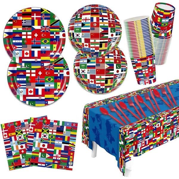 STOCK 141Pcs Cup 2026 Soccer Supplies Collect International Flags For Around The World Party Decorations Cutlery Paper Plates, Napkins, Cups, Puppyhome Free Shi