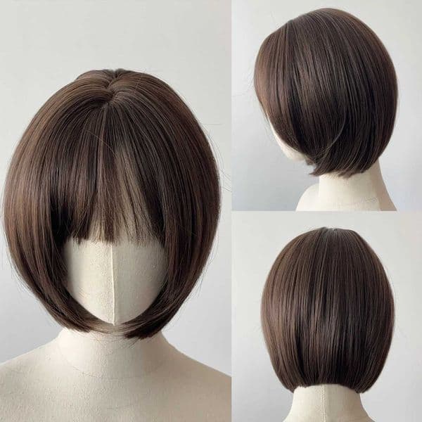MEISU 12 Inch Dark Brown Synthetic Bobo Bangs Wig Heat-Resistant Natural Smooth Hair Stylish Party Wigs For WomenL260422